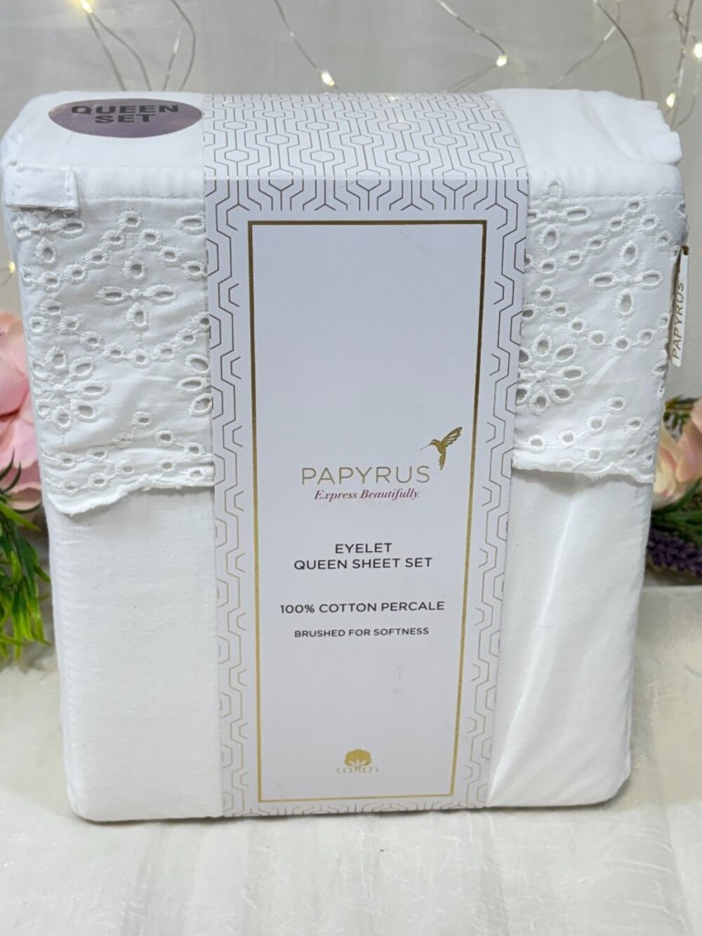 PAPYRUS Embroidered Eyelet Hem QUEEN Sheet Set White 100% Cotton 4PC Set